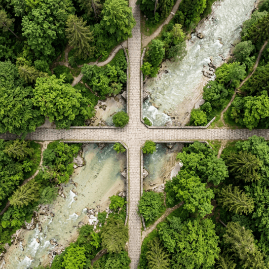 Stone bridge crossing river in dense green forest from above